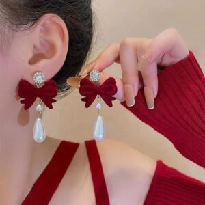 Red Bow Pearl Drop Earrings