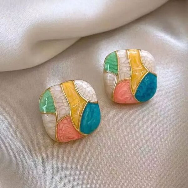 Retro Abstract Mosaic Stud Earrings - Image 2