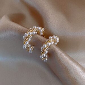 Vintage Korean Pearl Twisted Hoop Earrings – Golden Elegance