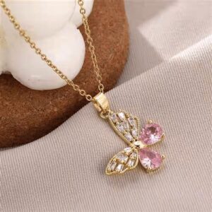 Golden Pink Crystal Butterfly Necklace