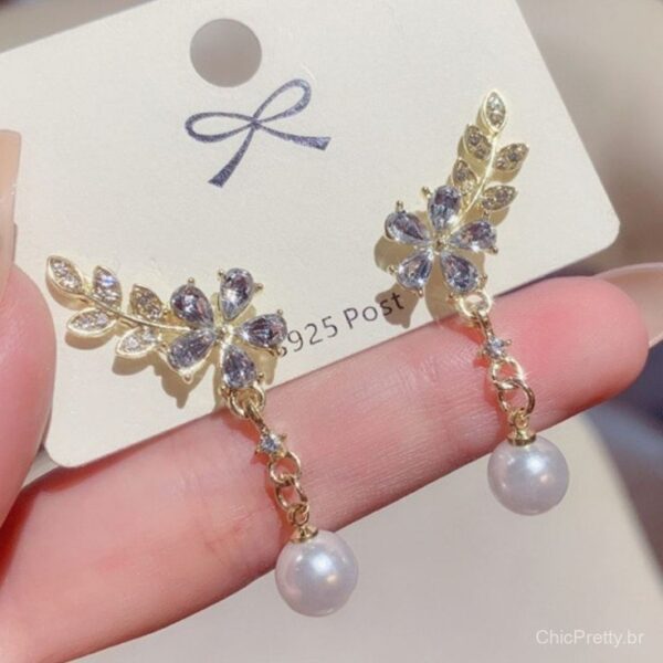Crystal Flower Pearl Earrings - Image 2